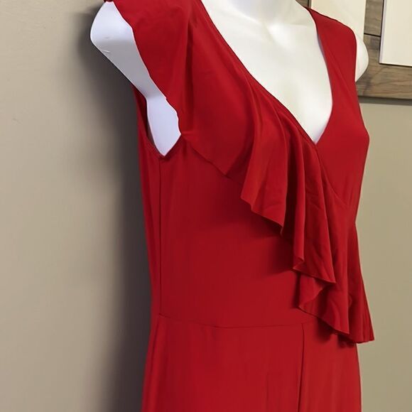 Bebe Red V-Neck Sleeveless Ruffled Wide Leg Back Zip-Up Jumpsuit- Size 6 - Picture 5 of 16